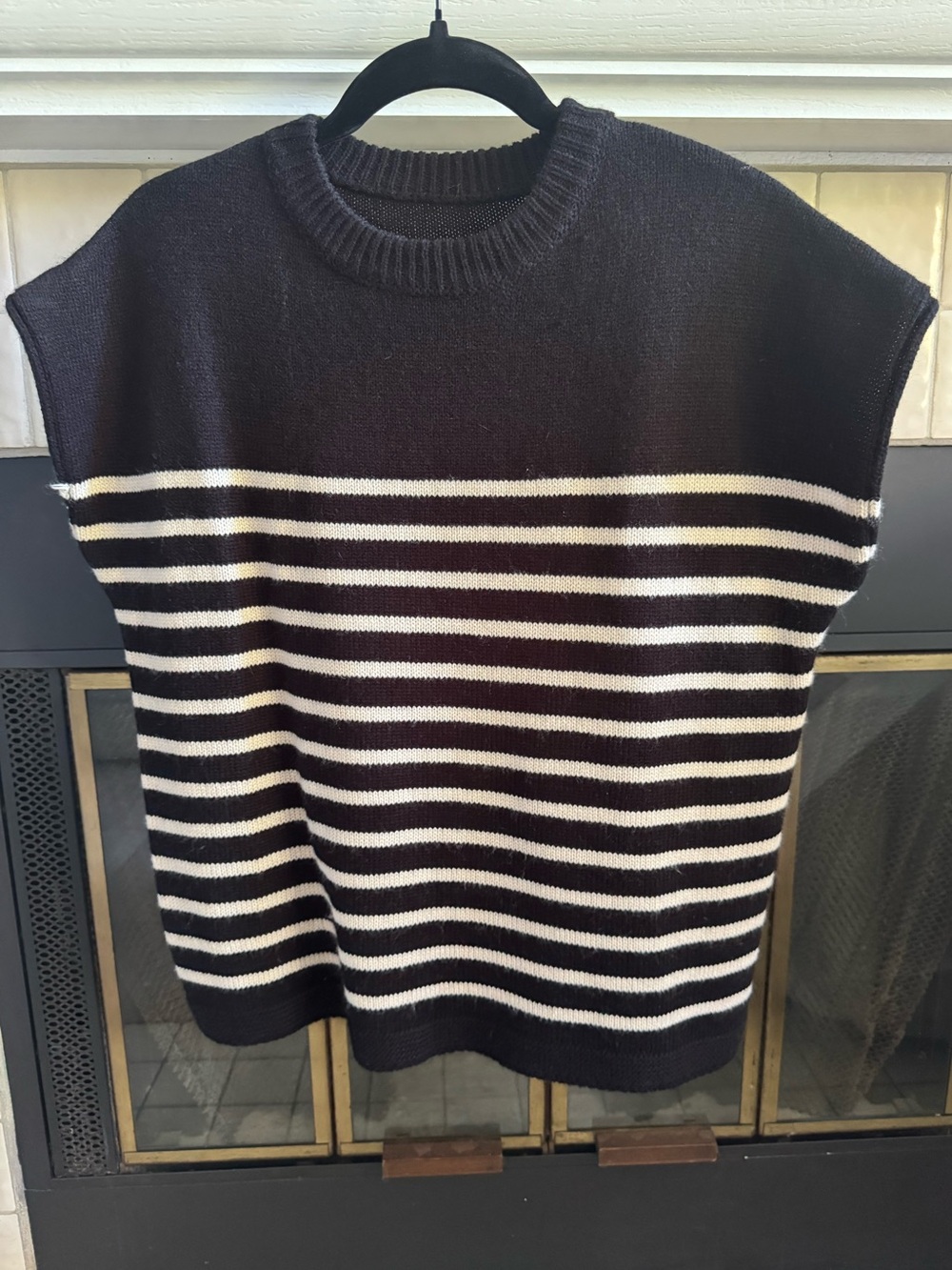 Black & Cream Striped Knit Sweater Vest | Cap Sleeve Oversized Top